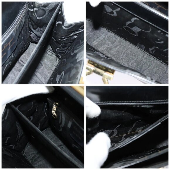 Salvatore Ferragamo Gancini Hand Bag Leather 2way Black Gold  Salvatore Ferragamo Gancini Hand Bag Leather 2way Black Gold Auth